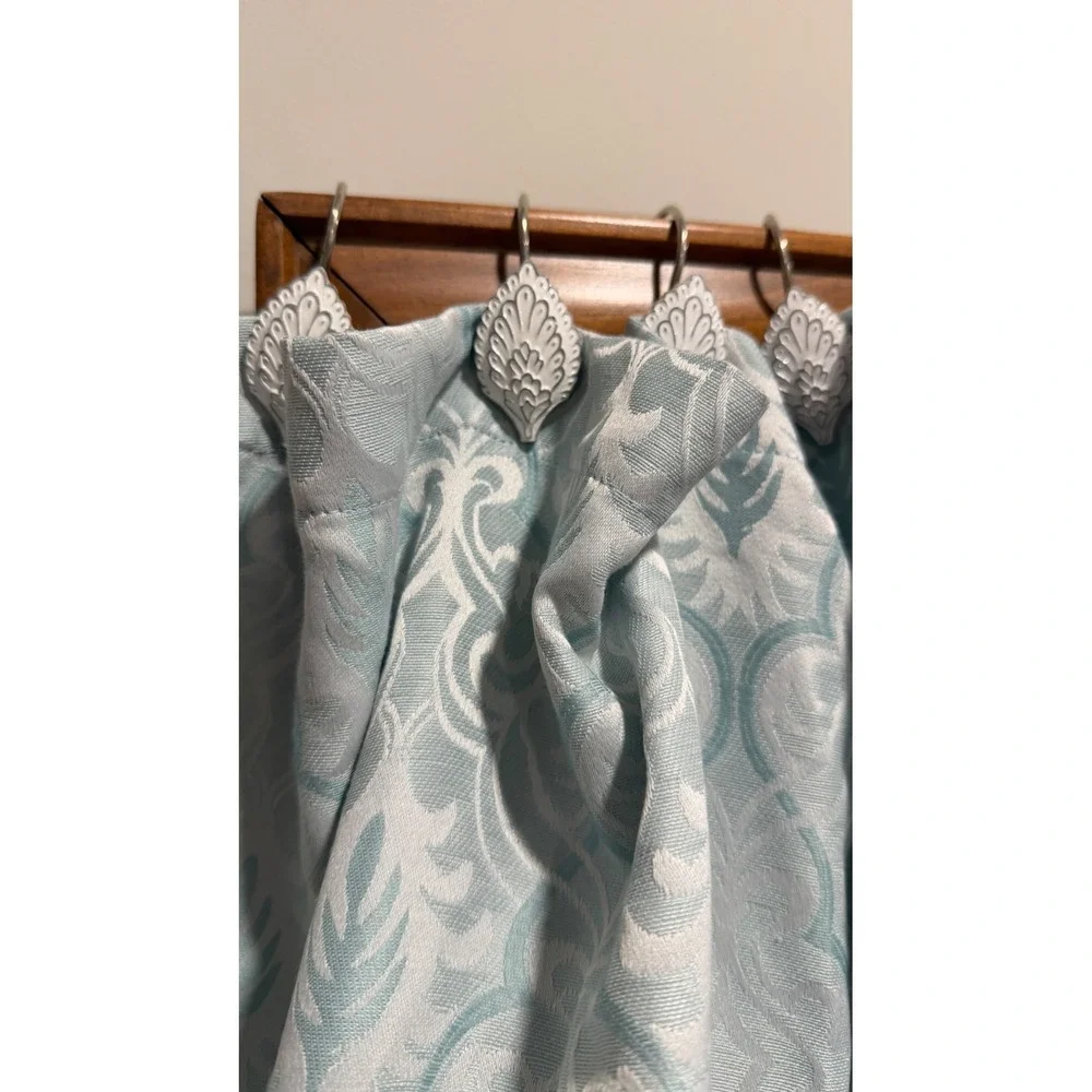 Damask Shower Curtain Light Blue White 70x72 Woven Fabric White Hooks Flawed